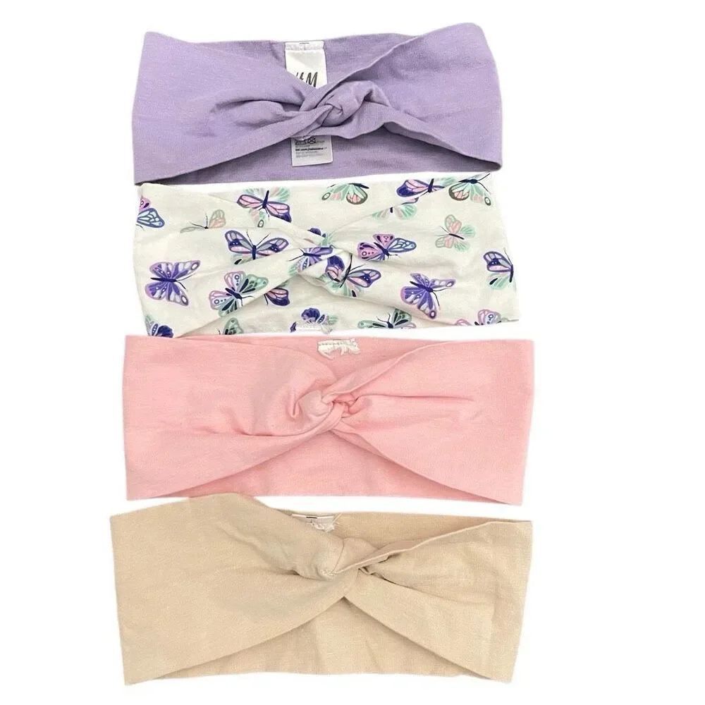H&M Baby Toddler Girls 4-Pack Twist Knot Cotton Headbands Pink Purple Butterfly